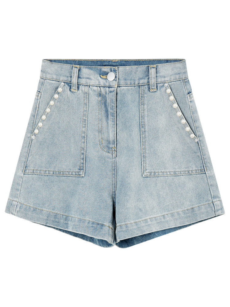 Beaded Denim Shorts Women's Thin High-waisted Wide-leg Hot Pants