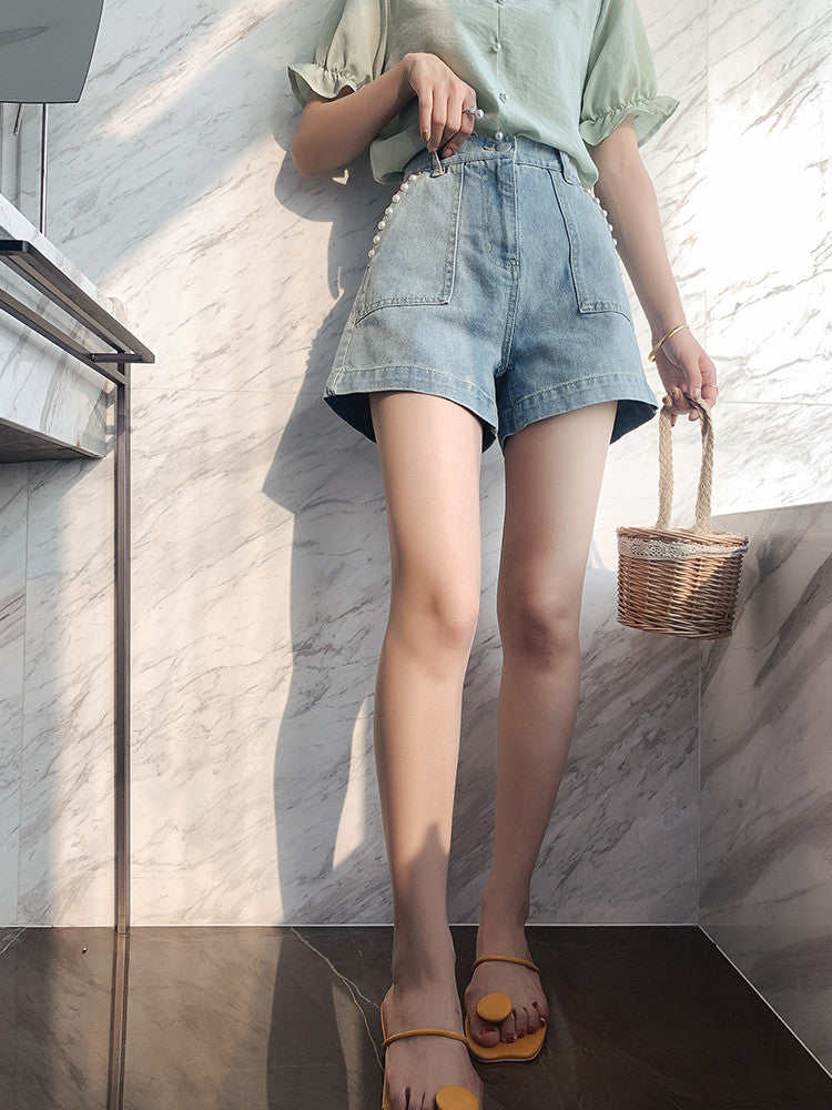 Beaded Denim Shorts Women's Thin High-waisted Wide-leg Hot Pants