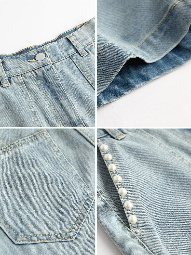 Beaded Denim Shorts Women's Thin High-waisted Wide-leg Hot Pants