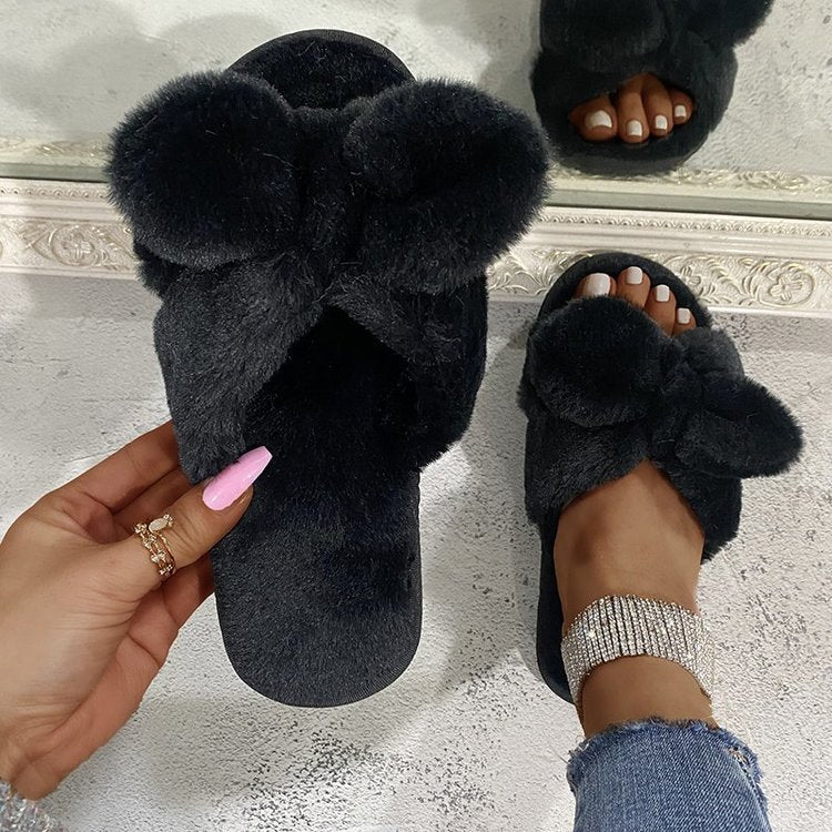 Anti-Slip Bow-Knot Fur Slippers Outside The Home