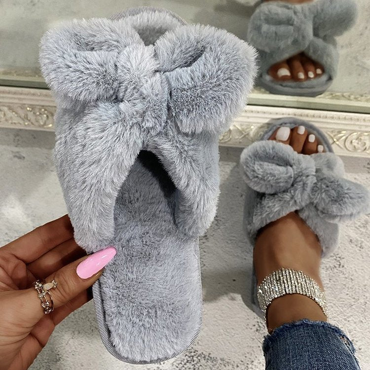 Anti-Slip Bow-Knot Fur Slippers Outside The Home