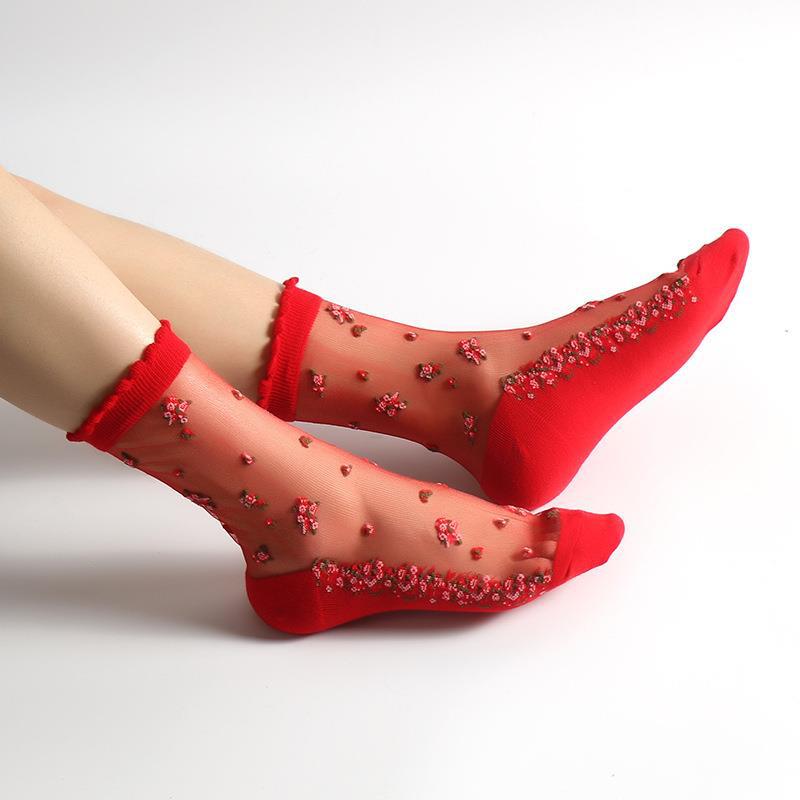 Transparent Ice Silk Crystal Floral Cotton Socks