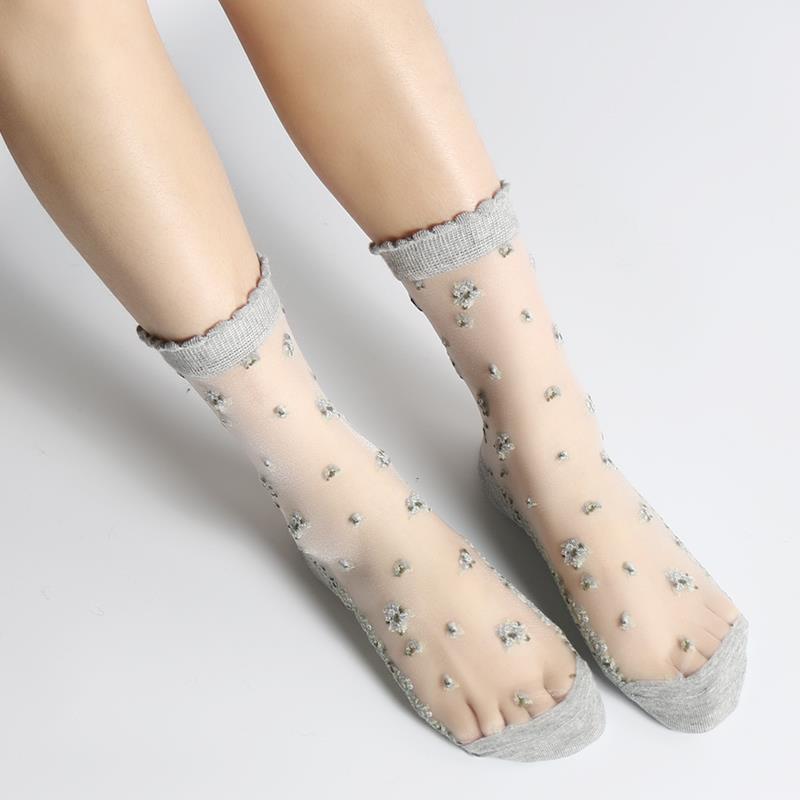 Transparent Ice Silk Crystal Floral Cotton Socks