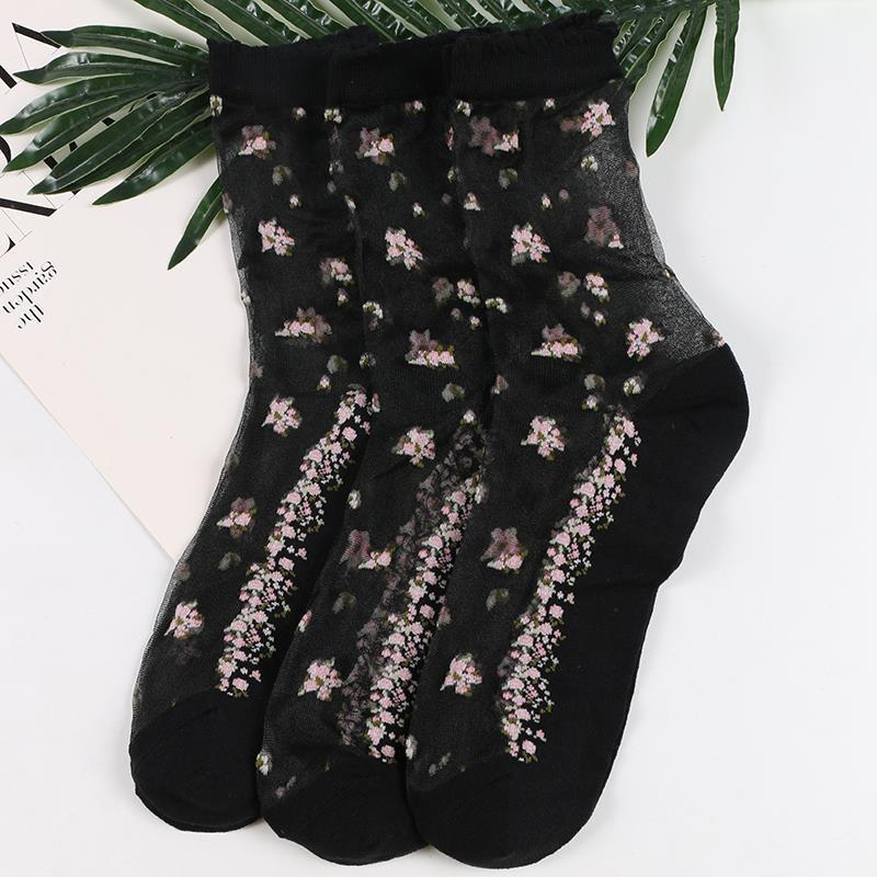 Transparent Ice Silk Crystal Floral Cotton Socks