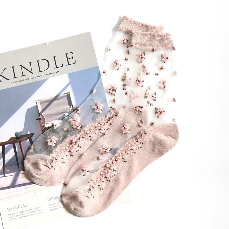 Transparent Ice Silk Crystal Floral Cotton Socks