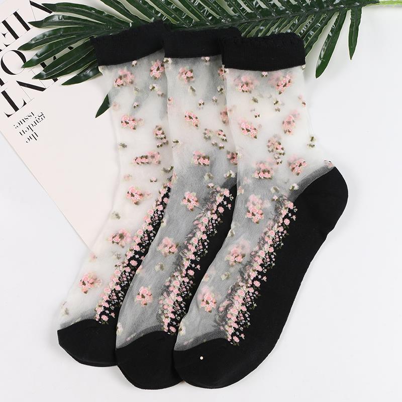 Transparent Ice Silk Crystal Floral Cotton Socks