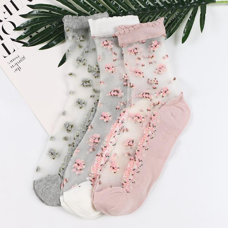 Transparent Ice Silk Crystal Floral Cotton Socks