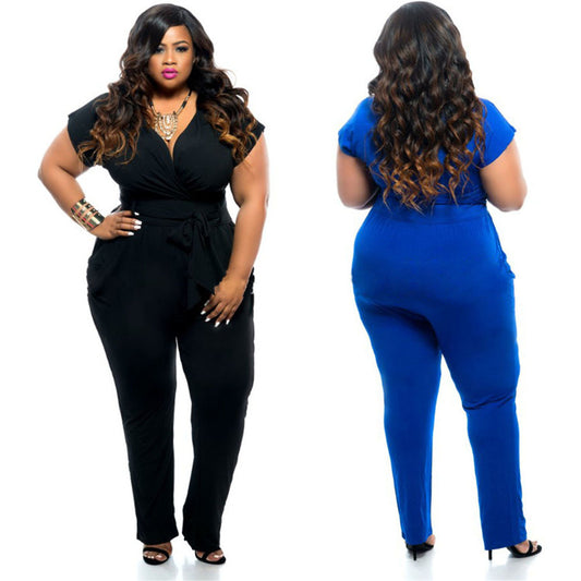 Amazon Wish Ebay Sexet Plus Size V-hals Dametøj Europæisk Og Amerikansk Udenrigshandel Sommer Stretch Ensfarvet Jumpsuit