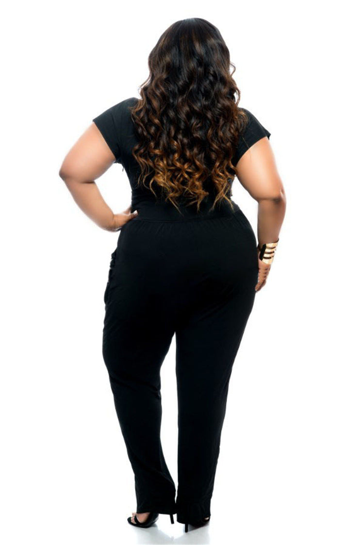 Amazon Wish Ebay Sexy Plus Size V-neck Women's Clothing European And American Foreign Trade Summer Stretch Solid Color Jumpsuit