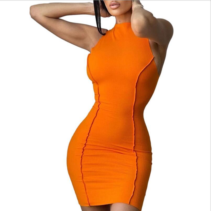 Ny Stil Sommer Dame Rund Hals Ærmeløs Ensfarvet Mode Slim Fit Hofteskørt Kjole Dame