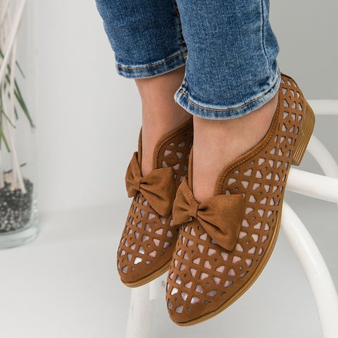 Pointed Toe Women's Sandals Hole Shoes Low Heel Women's Bowknot Hollow Women's Shoes
