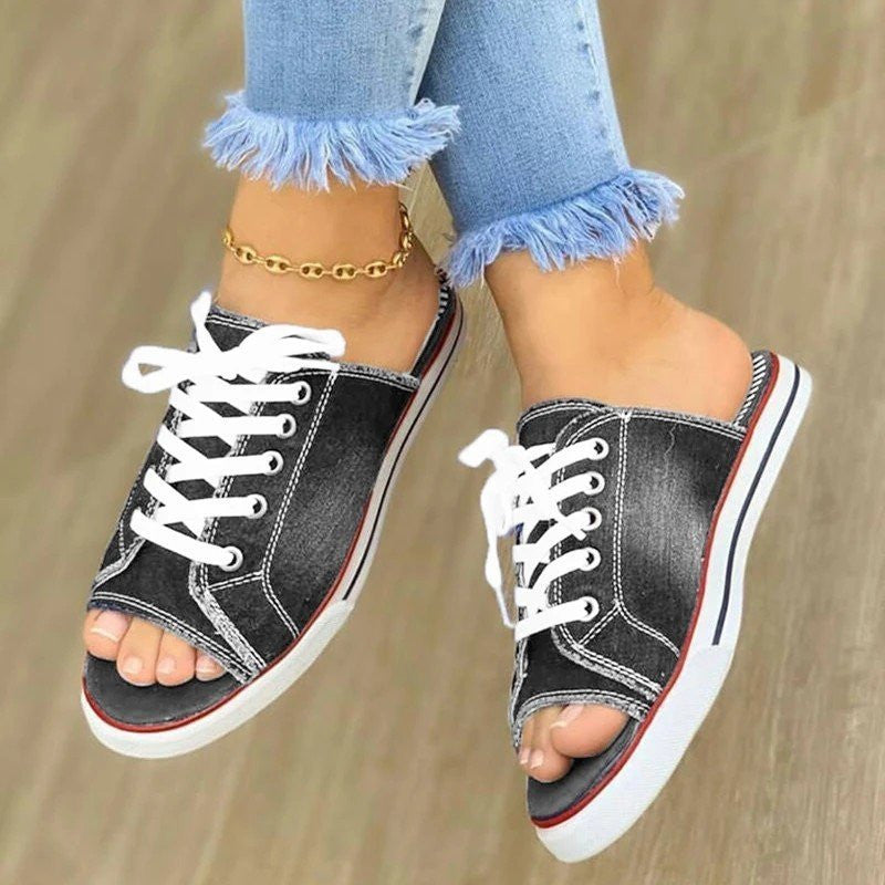 Sandals In-line Low-heeled Women's Denim Lace-up Shoes