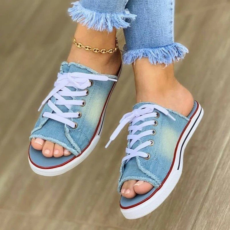 Sandals In-line Low-heeled Women's Denim Lace-up Shoes