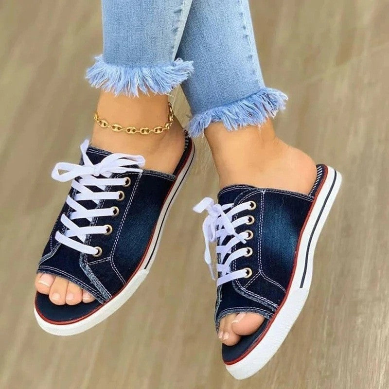 Sandals In-line Low-heeled Women's Denim Lace-up Shoes