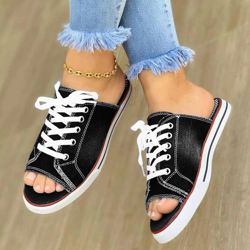 Sandals In-line Low-heeled Women's Denim Lace-up Shoes