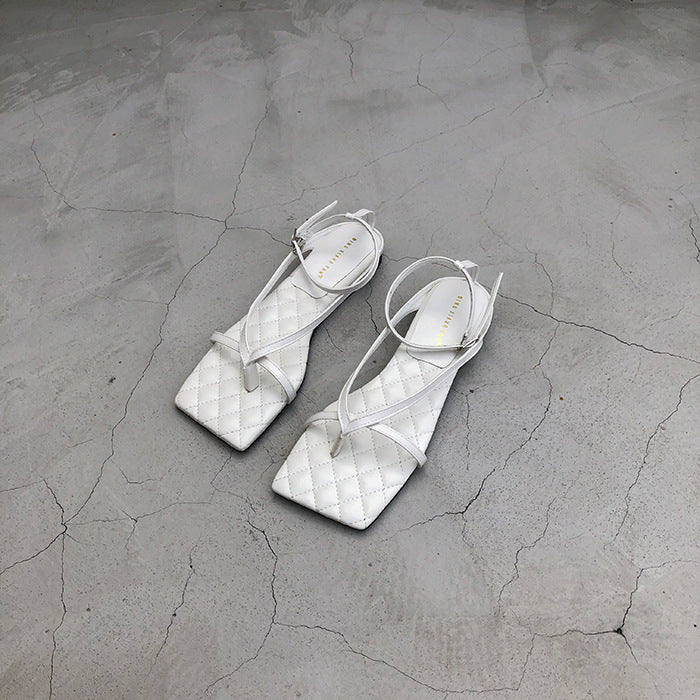 Square Head Flat Sandals Female One-character Style