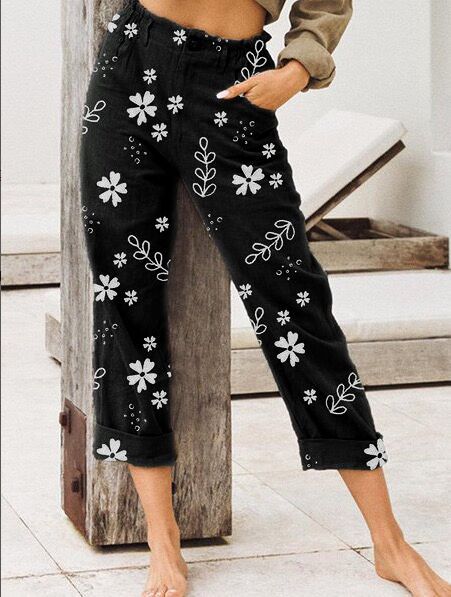Women's Printed Straight-leg Casual Pants Cropped Trousers
