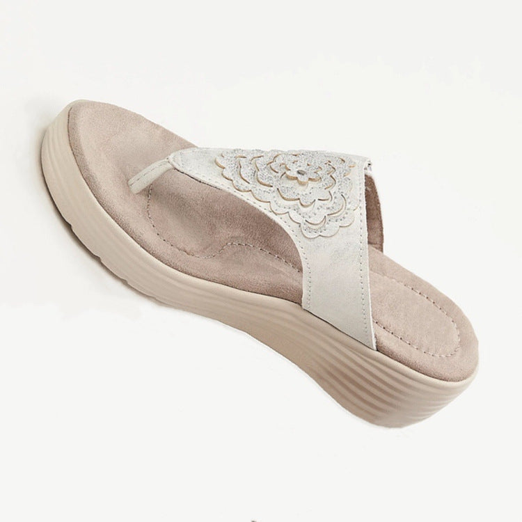 New Women's Shoes Wedge Heel Flip Flops Embroidered Plus Size Sandals