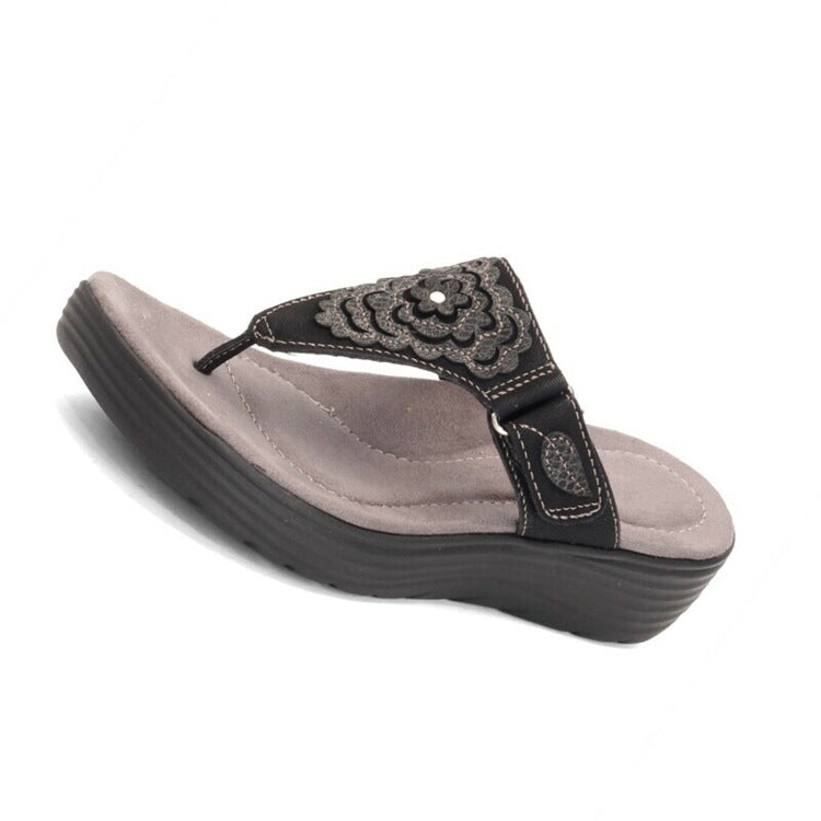 New Women's Shoes Wedge Heel Flip Flops Embroidered Plus Size Sandals