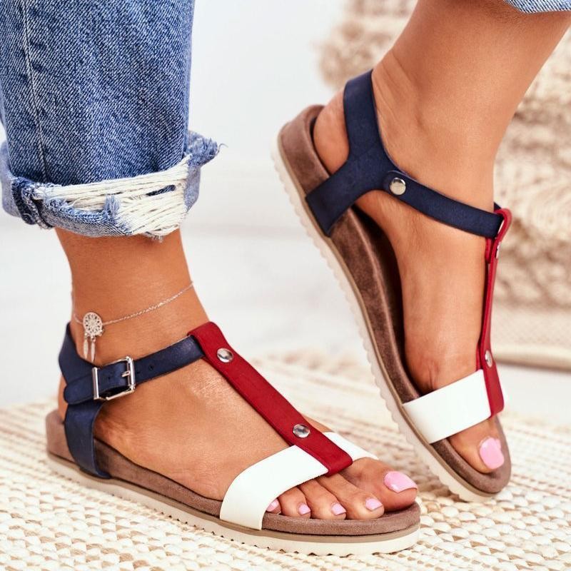 Colorblock Buckle Flat-heel Fish Mouth Fashion Sandals