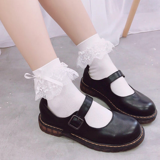 White Lace Socks, Lace Bow And Beaded Lolita Socks