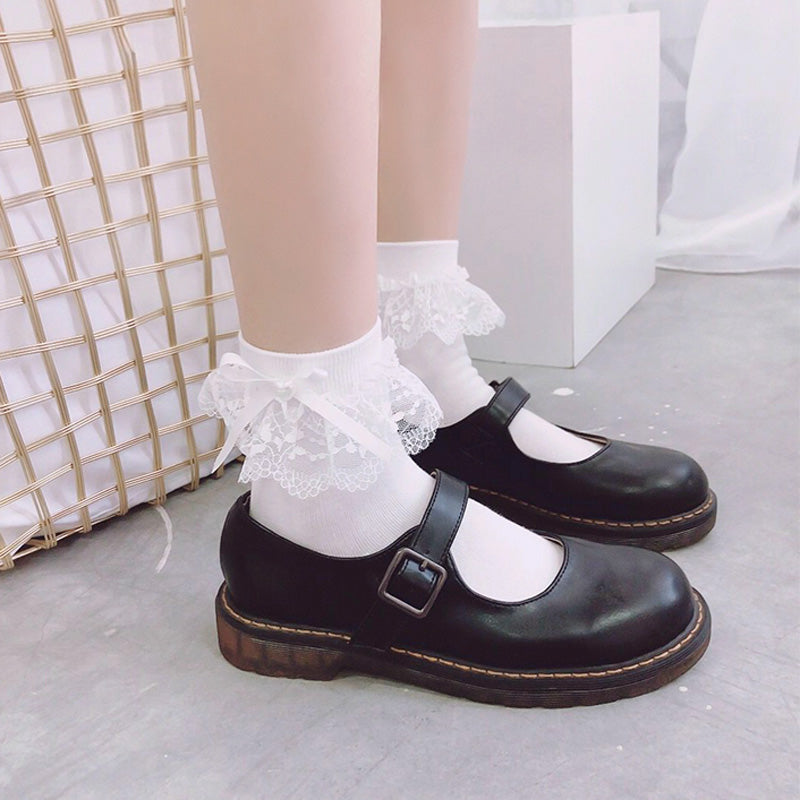 White Lace Socks, Lace Bow And Beaded Lolita Socks