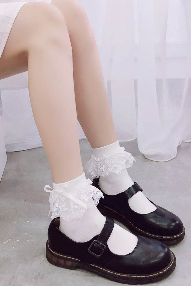 White Lace Socks, Lace Bow And Beaded Lolita Socks