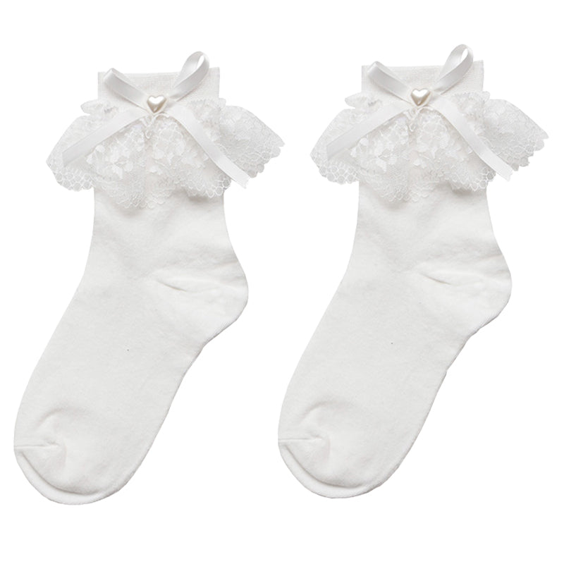 White Lace Socks, Lace Bow And Beaded Lolita Socks