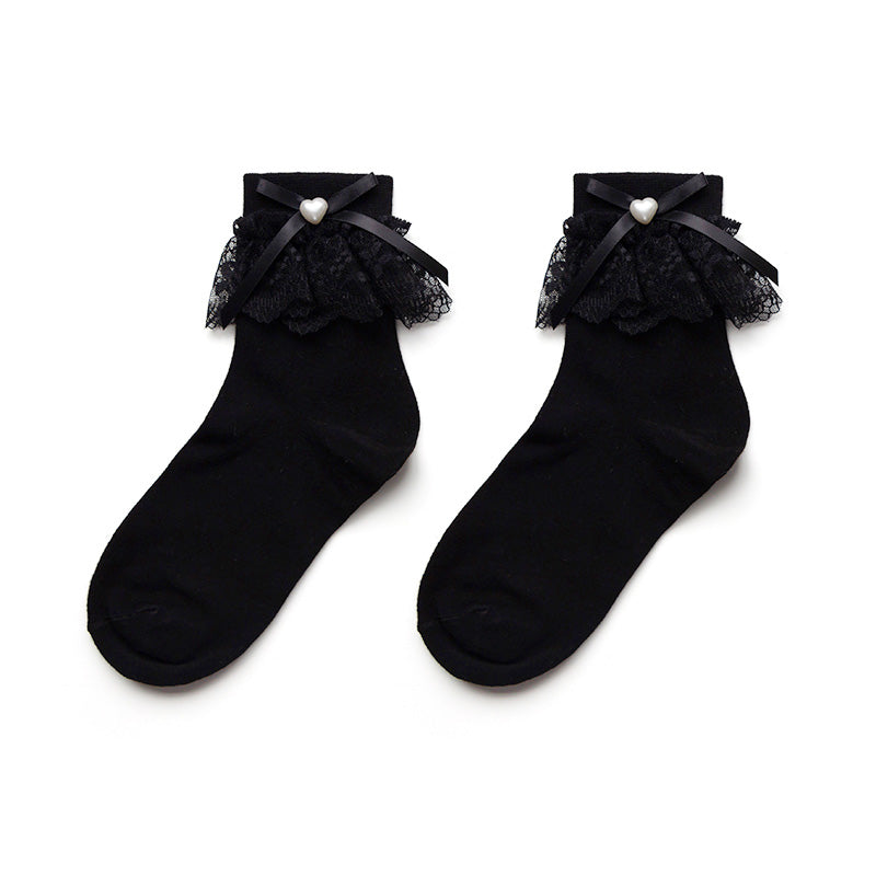 White Lace Socks, Lace Bow And Beaded Lolita Socks