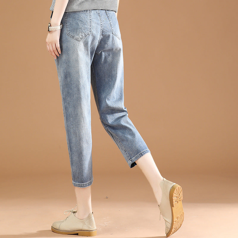 Elastic Waist Embroidery Cropped Jeans Women Summer Thin Section