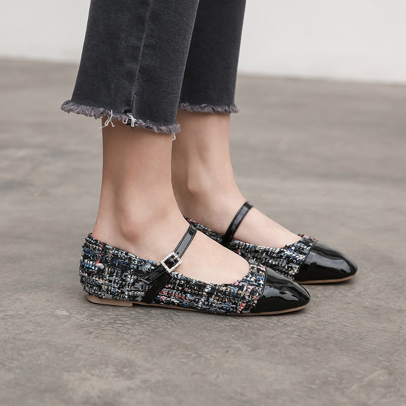 Oversized Flat Shoes Women's Autumn New Style Splicing Square Toe Belt Buckle Fairy Style Women's Shoes