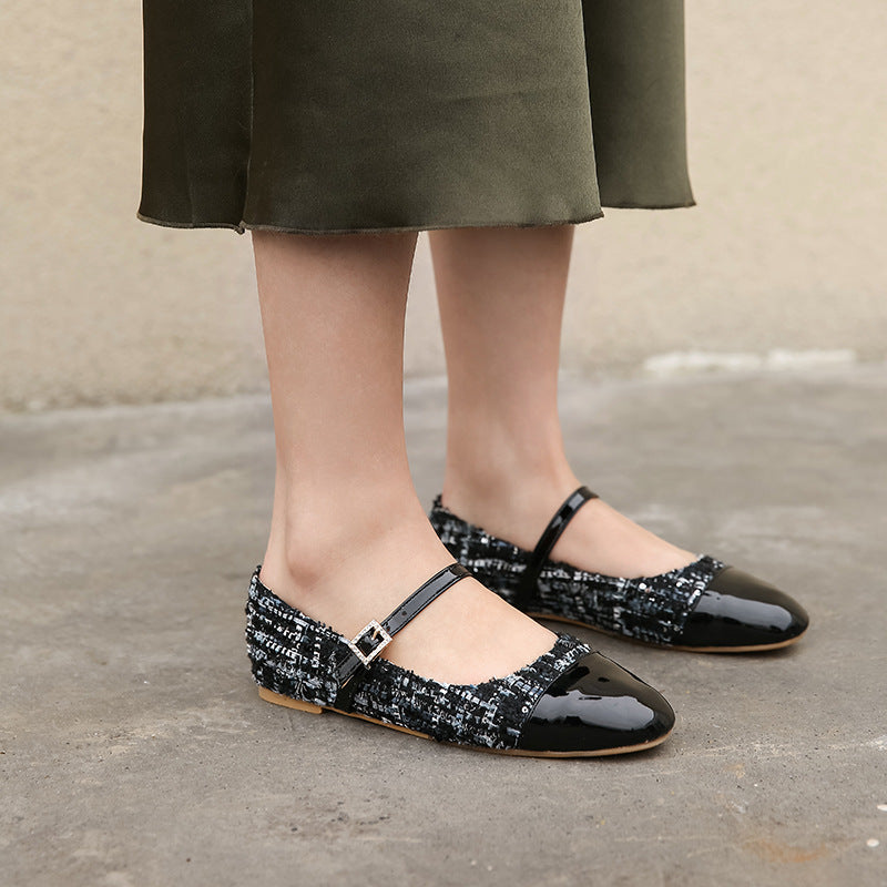 Oversized Flat Shoes Women's Autumn New Style Splicing Square Toe Belt Buckle Fairy Style Women's Shoes