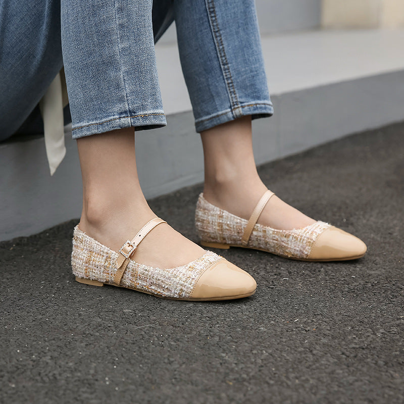 Oversized Flat Shoes Women's Autumn New Style Splicing Square Toe Belt Buckle Fairy Style Women's Shoes