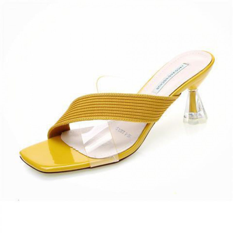 Summer New Open-toe Color Matching Non-slip Thick Heel Outer Wear A Flip-flop Korean Knit Stitching High Heels