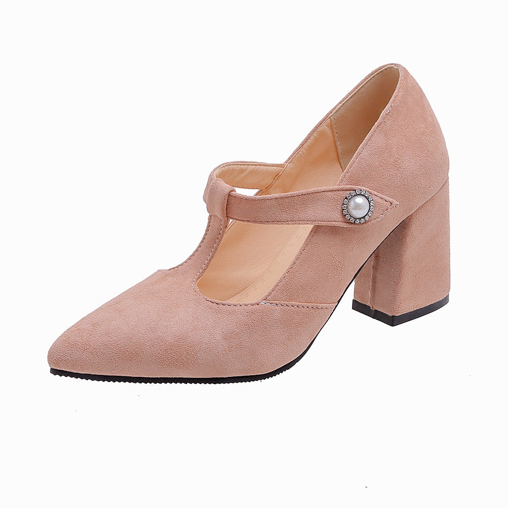 Thick-Heeled High-Heeled Pointed-Toe Shallow T-Shaped Women's Single Shoes