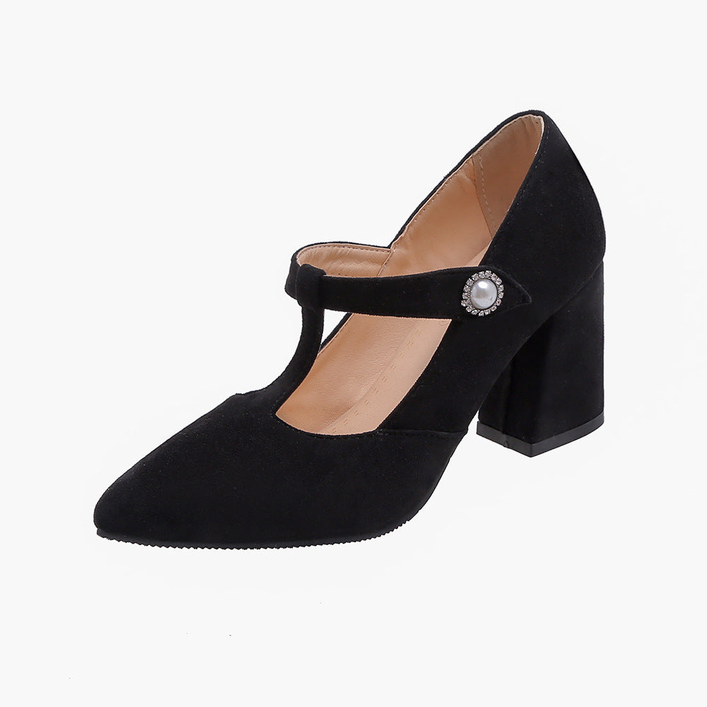 Thick-Heeled High-Heeled Pointed-Toe Shallow T-Shaped Women's Single Shoes