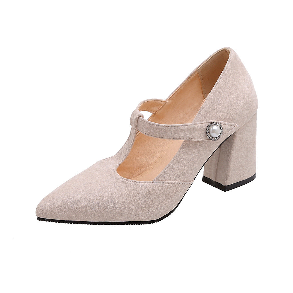Thick-Heeled High-Heeled Pointed-Toe Shallow T-Shaped Women's Single Shoes