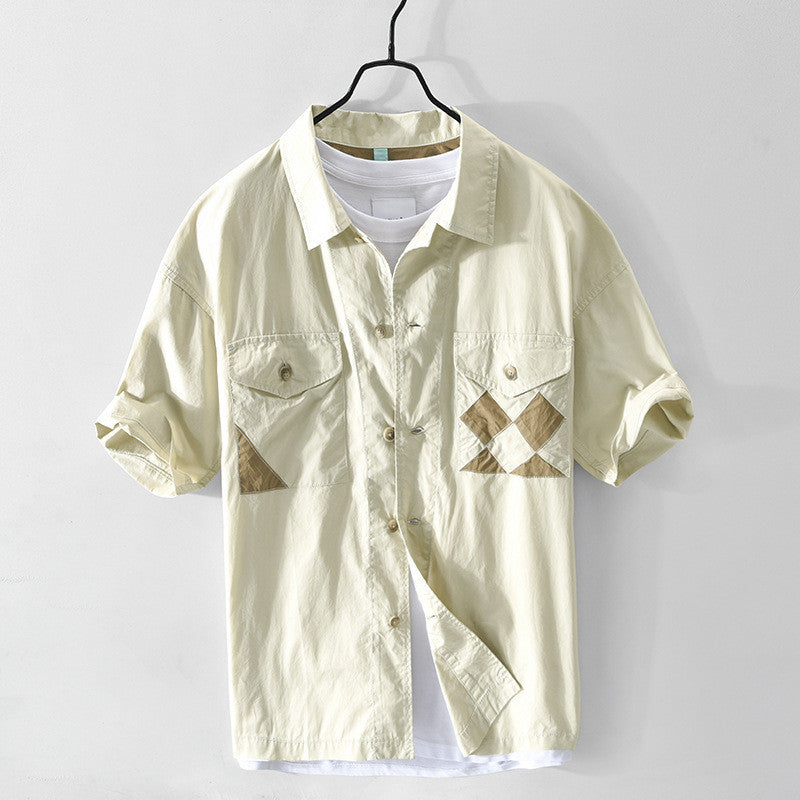 Men's Casual Short-sleeved Drop-shoulder Stitching Cotton Shirt Jacket