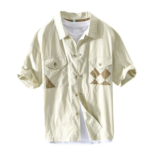 Men's Casual Short-sleeved Drop-shoulder Stitching Cotton Shirt Jacket