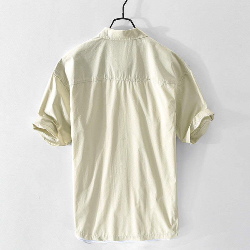Men's Casual Short-sleeved Drop-shoulder Stitching Cotton Shirt Jacket