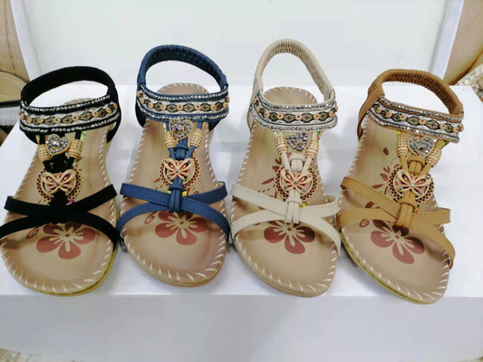 Store flade sandaler Blomster rhinstenssandaler Strandsko