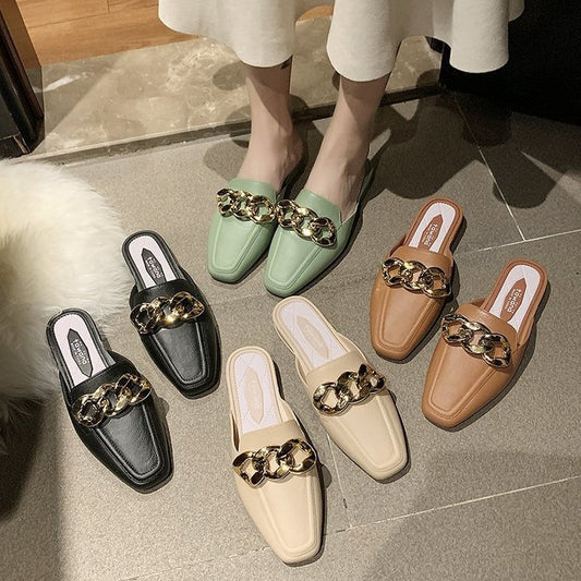 Metal Buckle Without Heel Square Toe Half Slippers