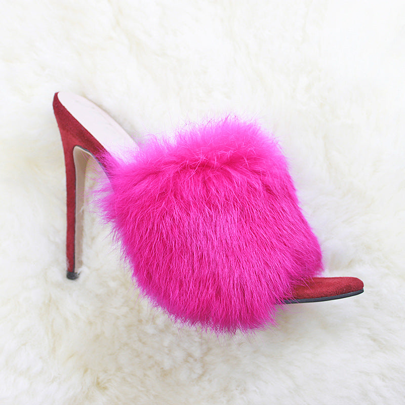European And American Fashion Rabbit Hair Fish Mouth High Heel Sandals And Slippers