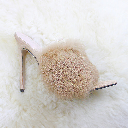 European And American Fashion Rabbit Hair Fish Mouth High Heel Sandals And Slippers