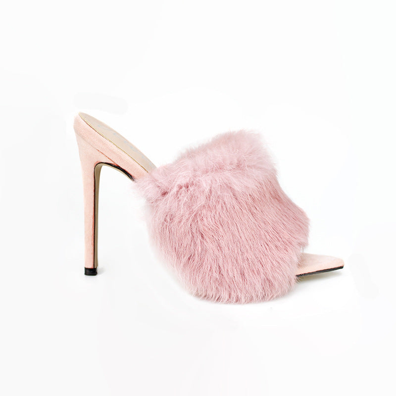 European And American Fashion Rabbit Hair Fish Mouth High Heel Sandals And Slippers