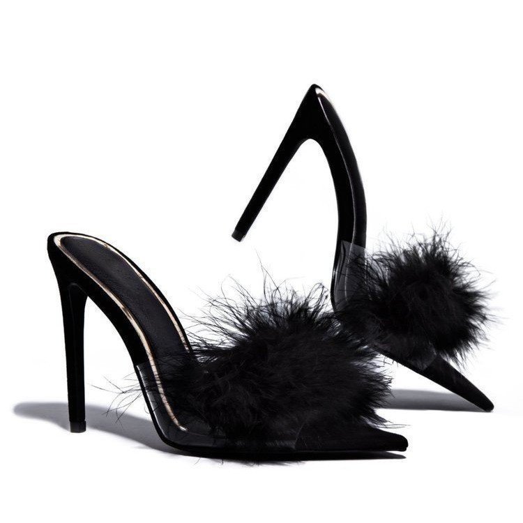The New Pointed-toe Fleece Stiletto Heel Super High Heel Sexy Sandals And Slippers
