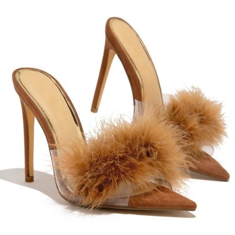 The New Pointed-toe Fleece Stiletto Heel Super High Heel Sexy Sandals And Slippers