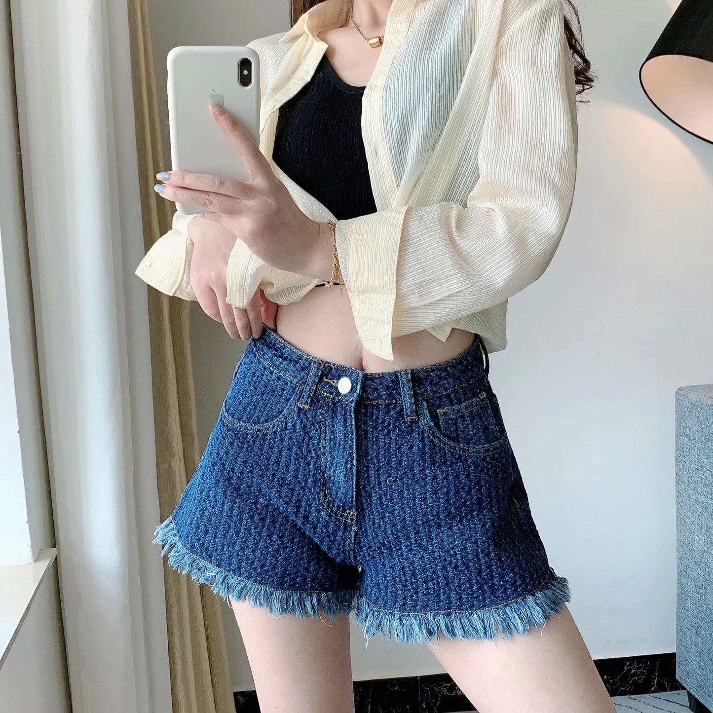 Women's Irregular Frayed Denim Short Low Waist Knitted Denim Hot Pants