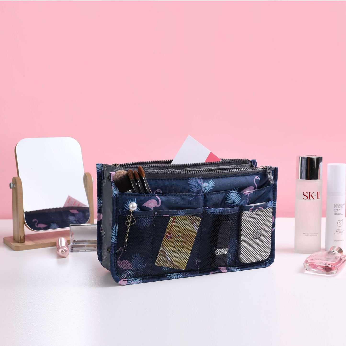 Flamingo Wash Cosmetic Bag Portable Double Zipper Bag Middle Bag