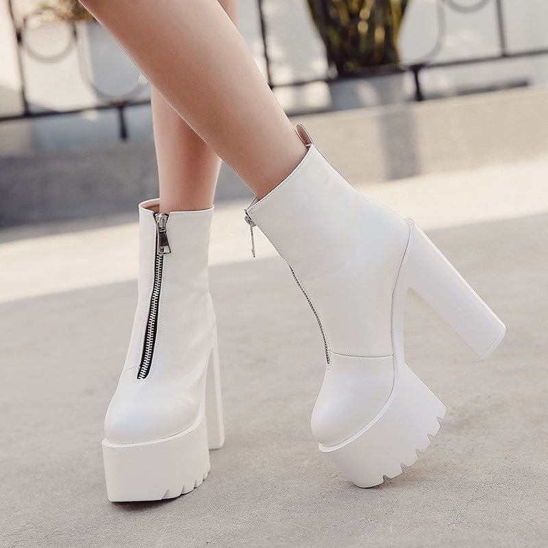 Knight Boots Autumn And Winter New European And American Trend Zipper Thick-Soled Super High-Heel Waterproof Platform Round Toe Boots